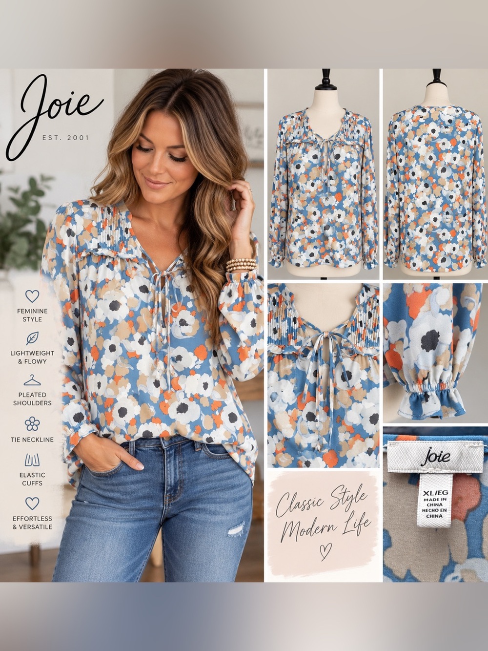 Joie XL Floral Tie Neck Blouse Blue Orange Pleated Boho Long Sleeve Top